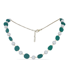  Arannyal Bevont Ezüst Nyaklánc Zöld Acháttal és Fehér Édesvízi Tenyésztett Gyönggyel, Y48398 nyaklánc