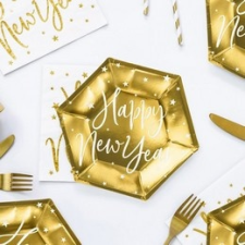  Arany Színű Happy New Year Feliratos Hatszögletű Fényes Tányér Szilveszterre - 18 cm 6 db/csomag party kellék