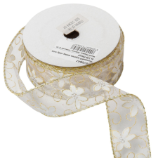  Aranyszélű drótos organza szalag virág mintás fehér 3,8cmx10yard dekorációs kellék