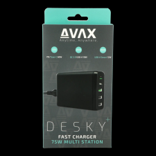 AVAX DC611 DESKY+ 3x USB Type-A / 1x USB Type-C Hálózati töltő - Fekete (75W) mobiltelefon kellék