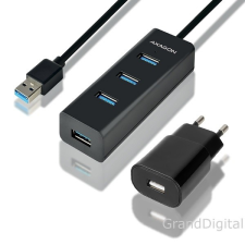 AXAGON HUE-S2BP 4 portos USB3.0 gyorstöltő hosszú kábeles HUB tápegységgel kábel és adapter
