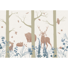  Az erdő lakói skandináv stílusú megjenítésben krém/bézs barna kék és zöldesszürke tónusok gyerekszobai falpanel/digitális nyomat tapéta, díszléc és más dekoráció