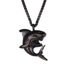 AZIZ Brutálmenő nemesacél vicsorgó cápás medál vastag nyaklánccal, fekete nyaklánc
