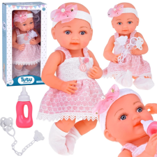 Baba gumiból rózsaszín ruhában cumival és cumisüveggel baba