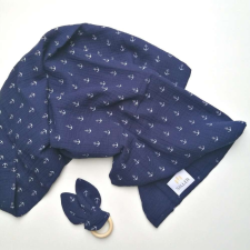 Babatakaró textil pelenka sötétkék horgonyos nyuszis rágókával pamut nagy méret babaágynemű, babapléd