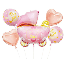 Baby Carriage Pink, Rózsaszín babakocsi fólia lufi 5 db-os szett party kellék