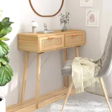  barna tömör fenyő és természetes rattan kisasztal 80x30x75 cm bútor