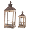  Barna vintage üvegezett fa 2db-os mécsestartó karácsonyi lámpás lantern szett fém tetővel 60x23x23 / 40x15x15cm