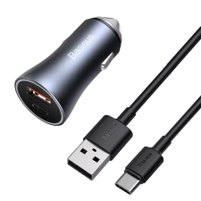 Baseus Golden Contactor Pro autós töltő, USB + USB-C, QC4.0 +, PD, SCP, 40 W, szürke + USB-USB-C kábel 1m, fekete (TZCCJD-0G) (TZCCJD-0G) mobiltelefon kellék