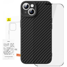 Baseus Synthetic Fiber hátlaptok + edzett üveg iPhone 15 Plus fekete mobiltelefon kellék