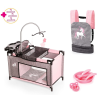 Bayer Multi Bed Set 62633AD Unikornis 56 x 33 x 48 cm rózsaszín - szürke játék kiságy szett forgóval, etetőszékkel, pelenkázó asztallal, gardróbbal, cumival, tányérral, evőeszközökkel, 3 vállfával és hordozóval