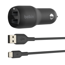 Belkin Autós 2xUSB töltő 24W + USB - USB-C töltőkábel - Fekete mobiltelefon kellék