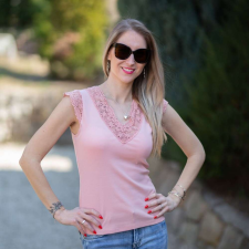 BellaKollektion V-nyakú horgolt csipkés rózsaszín felső (S/M-L/XL) női trikó