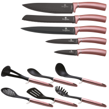 BERLINGER HAUS 12-részes rozsdamentes acél kés- és konyhai eszköz készlet PINK- SILVER kés és bárd