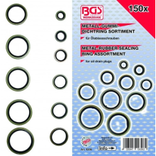 BGS 150 részes gumibetétes fém tömítőgyűrű készlet, olajleeresztő csavarokhoz (BGS 9306) barkácsolás, csiszolás, rögzítés