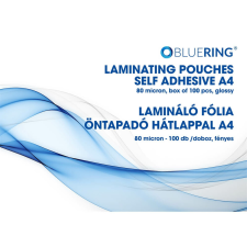 BLUERING meleglamináló fólia öntapadó hátlappal, A4, 80 mikron, 100 db lamináló fólia