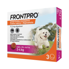 Boehringer Ingelheim 3 tablettánként : FRONTPRO® rágótabletta kutyáknak (2–4 kg) 11,3 mg; (1db tabletta ) . A fotó illusztráció élősködő elleni készítmény kutyáknak