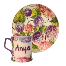 BögeManufaktúra Feliratos neves Hortenzia bögre és reggeliző tányér bögrék, csészék