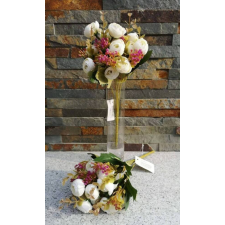 Boglárka aprófejű 5 ágú selyemvirág csokor díszítővel zöldekkel 28 cm Fehér dekoráció