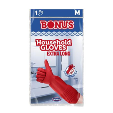 Bonus Gumikesztyű, háztartási, latex, extra hosszú, 38 cm, M méret, BONUS, piros