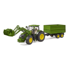 Bruder John Deere traktor 7R 350 homlokrakodóval és tandem pótkocsival autópálya és játékautó