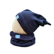  Bundás téli csomós sapka, egyszínű, marine-kék babasapka, sál