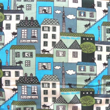 Canvas CATWALK, macskák patchwork pamutvászon, türkiz méteráru