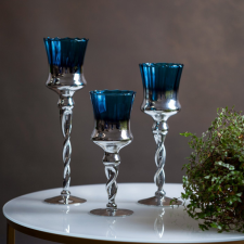  Clare2 üveg gyertyatartó Ezüst/kék 10x25 cm dekoráció