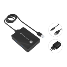 Conceptronic Aktív USB Hub - HUBBIES11BP (4 port, USB3.0, 90cm kábel, Hálózati táp, fekete) hub és switch