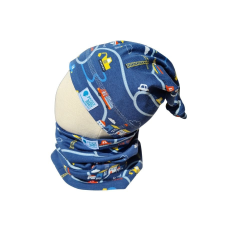  Csomós sapka kétrétegű, közlekedés, sötétkék babasapka, sál