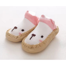  Csúszásgátlós babacipő, puha talpú babazokni - Fehér- rózsaszín macis -14 cm