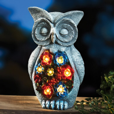 Deconline Garden Kerti figura Szolár bagoly lámpa, kőhatású, színes pozsgás növényekkel 23 cm dekorációs kellék