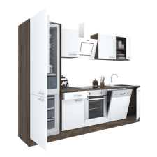Dinewell Yorki 280 konyhablokk yorki tölgy korpusz,selyemfényű fehér front alsó sütős elemmel alulfagyasztós hűtős szekrénnyel bútor