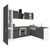 Dinewell Yorki 280 sarok konyhablokk fehér korpusz,selyemfényű antracit front alsó sütős elemmel alulagyasztós hűtős szekrénnyel