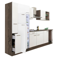 Dinewell Yorki 300 konyhablokk yorki tölgy korpusz,selyemfényű fehér fronttal felülfagyasztós hűtős szekrénnyel bútor