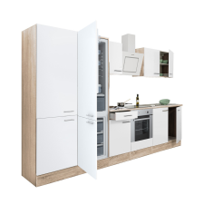 Dinewell Yorki 330 konyhablokk sonoma tölgy korpusz,selyemfényű fehér front alsó sütős elemmel polcos szekrénnyel és alulfagyasztós hűtős szekrénnyel bútor