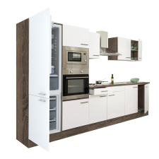 Dinewell Yorki 330 konyhablokk yorki tölgy korpusz,selyemfényű fehér fronttal alulfagyasztós hűtős szekrénnyel bútor