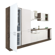 Dinewell Yorki 330 konyhablokk yorki tölgy korpusz,selyemfényű fehér fronttal polcos szekrénnyel és alulfagyasztós hűtős szekrénnyel bútor