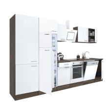 Dinewell Yorki 340 konyhablokk yorki tölgy korpusz,selyemfényű fehér front alsó sütős elemmel polcos szekrénnyel és felülfagyasztós hűtős szekrénnyel bútor