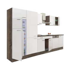 Dinewell Yorki 340 konyhablokk yorki tölgy korpusz,selyemfényű fehér fronttal polcos szekrénnyel és felülfagyasztós hűtős szekrénnyel bútor