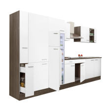 Dinewell Yorki 360 konyhablokk yorki tölgy korpusz,selyemfényű fehér fronttal polcos szekrénnyel és felülfagyasztós hűtős szekrénnyel bútor