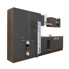 Dinewell Yorki 370 konyhablokk yorki tölgy korpusz,selyemfényű antracit fronttal polcos szekrénnyel és felülfagyasztós hűtős szekrénnyel bútor