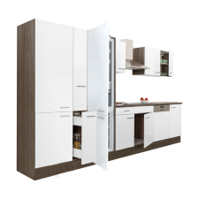 Dinewell Yorki 370 konyhablokk yorki tölgy korpusz,selyemfényű fehér fronttal polcos szekrénnyel és alulfagyasztós hűtős szekrénnyel bútor