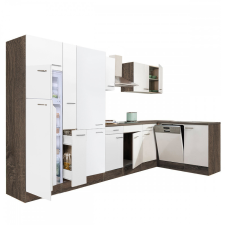 Dinewell Yorki 370 sarok konyhablokk yorki tölgy korpusz,selyemfényű fehér fronttal polcos szekrénnyel és felülfagyasztós hűtős szekrénnyel bútor