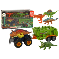 Dinoszaurusz motívumos jármű és utánfutó 4 dinoszaurusszal játékfigura