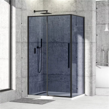 Diplon 120x80 cm fekete keretes két tolóajtós aszimmetrikus zuhanykabin, 6 mm edzett füstüveggel, 195 cm magas kád, zuhanykabin