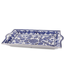  Díszes kék-fehér fogantyús szögletes kerámia tálca 3x40x23cm konyhai eszköz