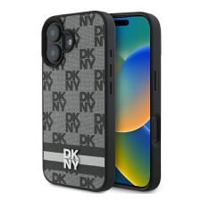 DKNY Checkered Pattern &amp; Printed Stripes iPhone 16 hátlap tok, fekete DKHCP16SPCPTSSK tok és táska