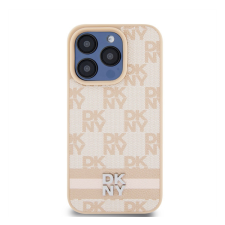 DKNY PU Leather Checkered Pattern and Stripe Apple Iphone 15 Pro tok, rózsaszín tok és táska