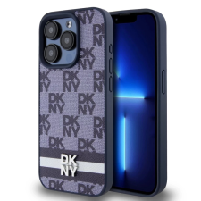 DKNY PU Leather Checkered Pattern and Stripe tok iPhone 15 Pro készülékhez kék tok és táska
